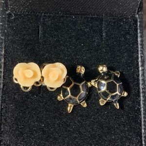 Gold and Black Turtle And Rose Stud Earrings